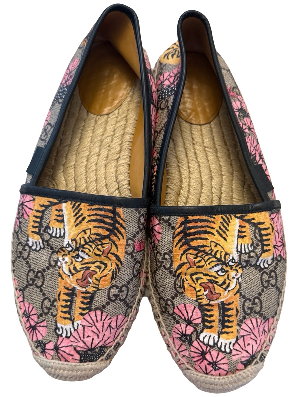 Authentic Gucci Supreme GG Beige Canvas Tiger Print Espadrilles Pink Sz 39.5